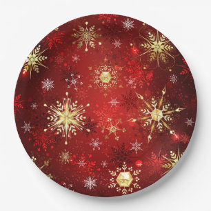 Assiettes En Carton Noël Golden Snowflakes sur Arrière - plan rouge