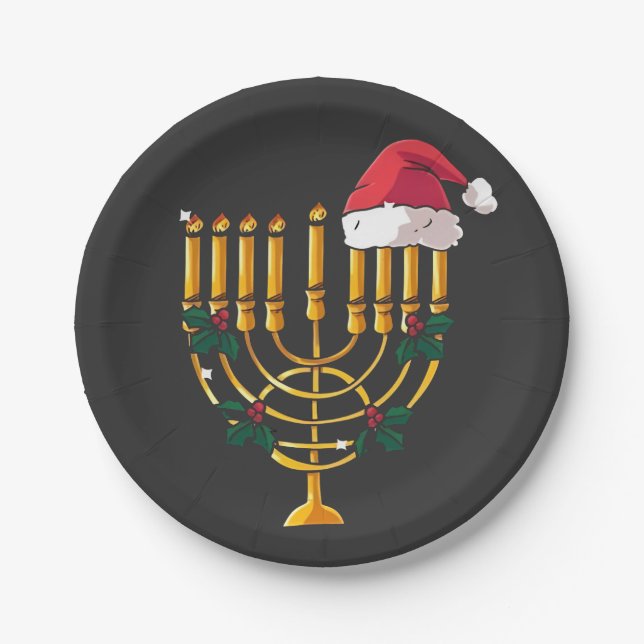 Assiettes En Carton Noël Hanoukka Juif Père Noël Menorah (Devant)