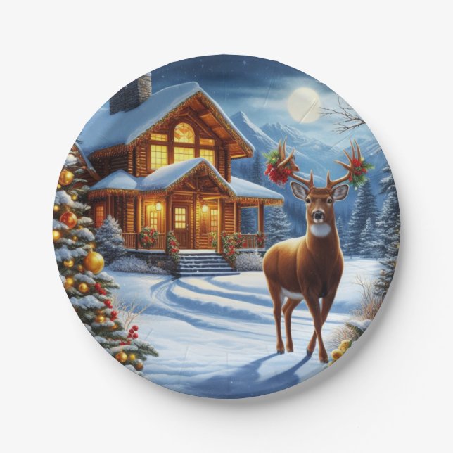 Assiettes En Carton Noël/Hiver Deer Lodge (Devant)