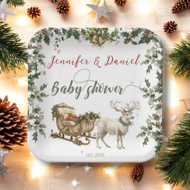 Assiettes En Carton Noël hiver Père Noël bébé Baby shower rouge vert (Créateur téléchargé)