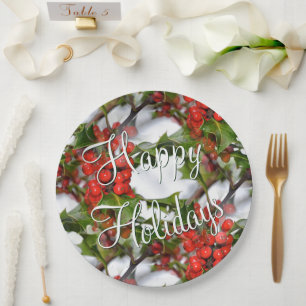 Assiettes En Carton Noël Holiday Holly Feuilles Red Berries Motif