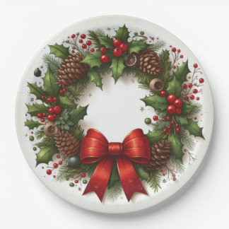 Assiettes En Carton Noël Holly, Berries, Pinecones et Red Bow