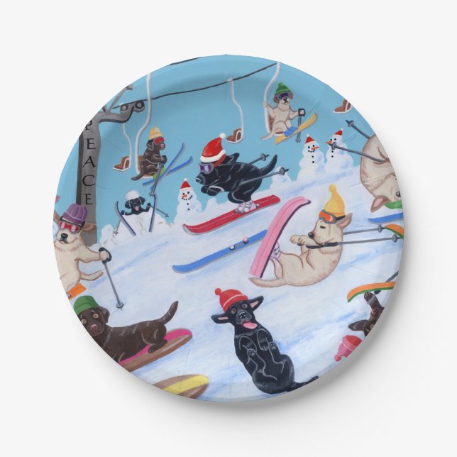 Assiettes En Carton Noël Labradors de ski d'amusement d'hiver (Devant)