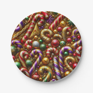Assiettes En Carton NOËL MOTIF ~ Bonbons ~ Rouge Vert Or ~