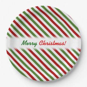 Assiettes En Carton Noël ; Motif rayé rouge, blanc et vert
