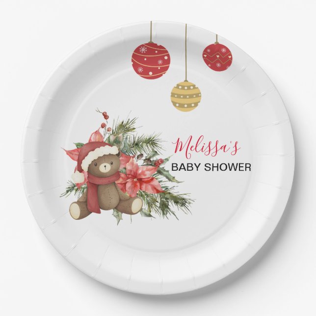 Assiettes En Carton Noël Ours en peluche d'hiver Écharpe rouge (Devant)