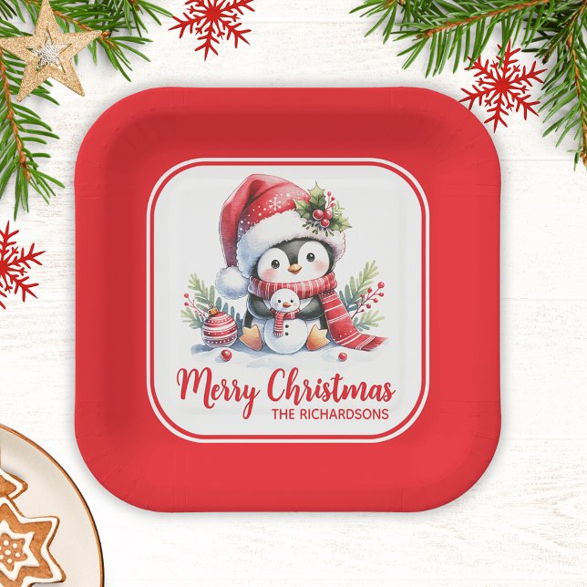 Assiettes En Carton Noël Pingouin mignon Rouge Custom Joyeux Noël (Créateur téléchargé)