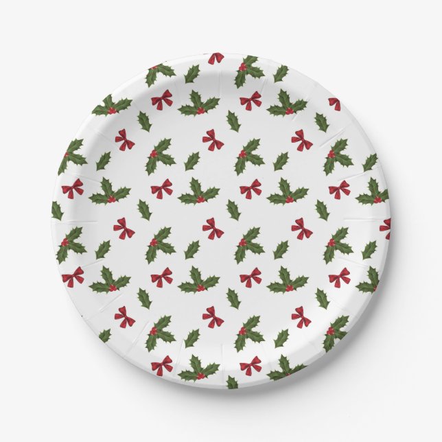 Assiettes En Carton Noël Plantes Holly et Red Bows Motif (Devant)