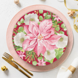 Assiettes En Carton Noël Poinsettia Floral Rouge Fête
