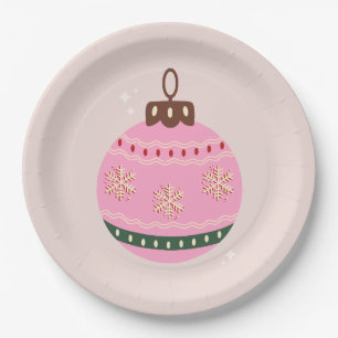 Assiettes En Carton Noël Rétro Vacances rose Bauble