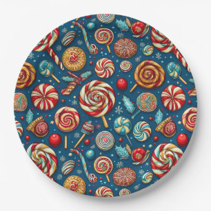 Assiettes En Carton Noël Rouge Blanc Bonbons Lollipop Bleu