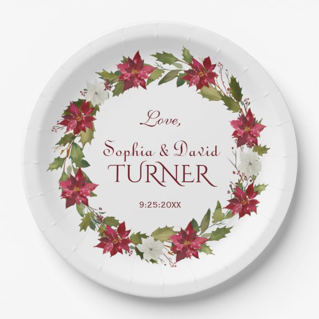 Assiettes En Carton Noël Rouge Blanc Poinsettia Mariage de couronne (Devant)