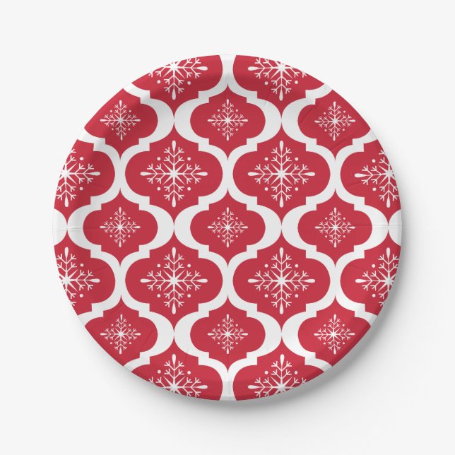 Assiettes En Carton Noël Rouge Blanc Snowflakes Lattice Motif (Devant)
