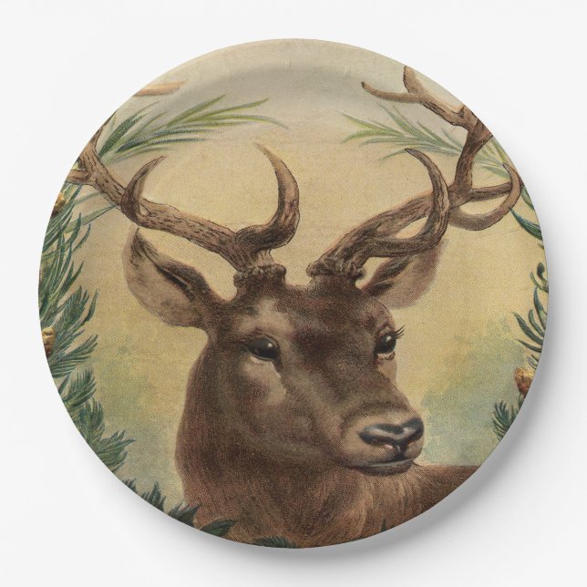 Assiettes En Carton Noël rustique de cerfs communs de mâle de nature (Devant)