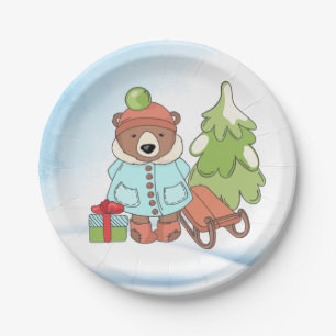 Assiettes En Carton Noël Teddy Bear Couple avec cadeau