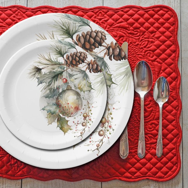 Assiettes En Carton Noël Vacances À feuillage persistant Pinecones Orn (Beautifully designed paper products for your December wedding or holiday party.    )