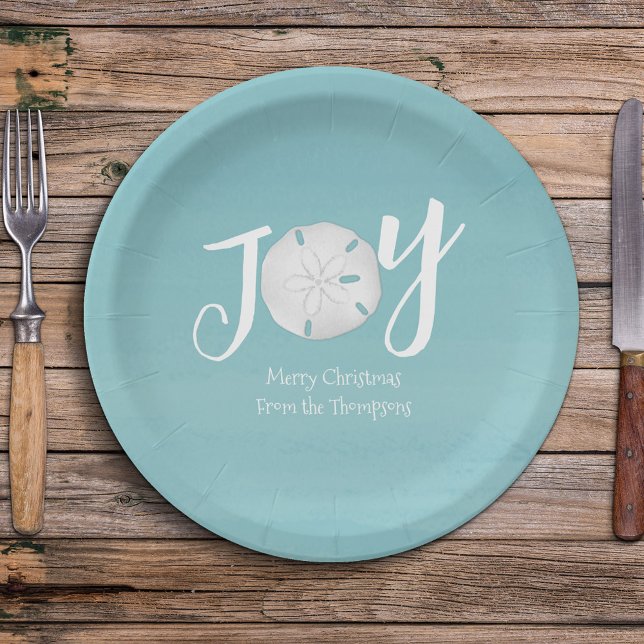 Assiettes En Carton Noël Vacances Elégante Plage Turquoise Côte (Simple Christmas holiday "Joy" typography sand dollar design.)