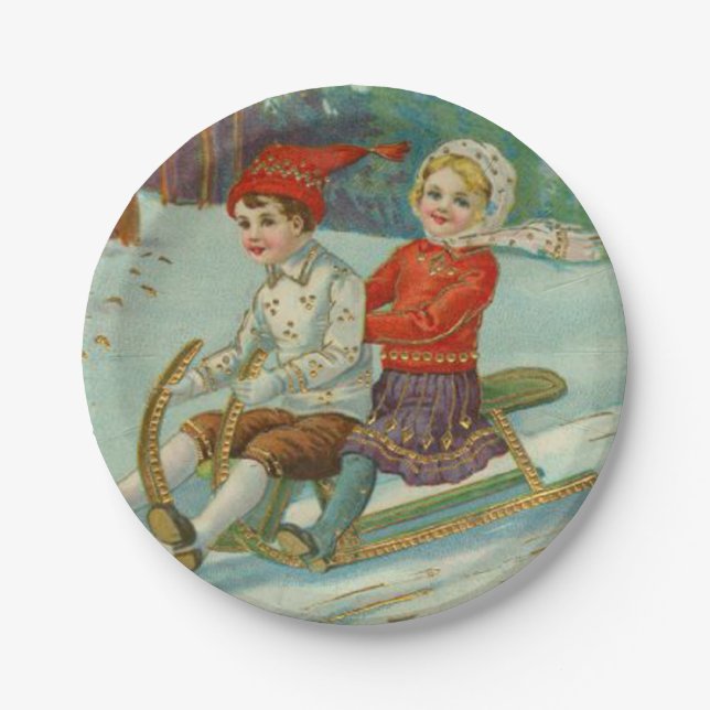 Assiettes En Carton Noël vintage Sledding avec des enfants (Devant)