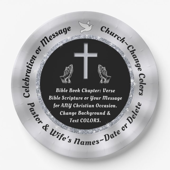 Assiettes En Carton Noir, Argent Personnalisé, Plaques en papier chrét (Devant)