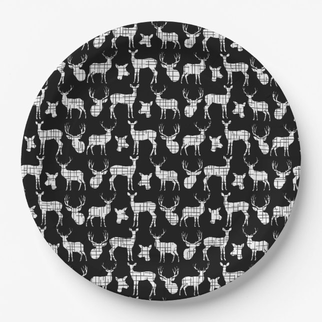 Assiettes En Carton Noir avec plaque de papier cerf blanc (Devant)