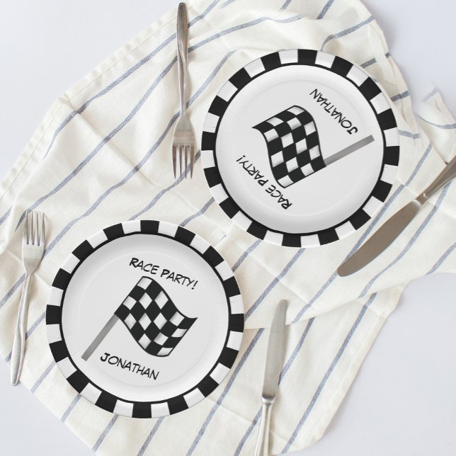 Assiettes En Carton Noir Blanc À damiers Drapeau Race Nom (Créateur téléchargé)