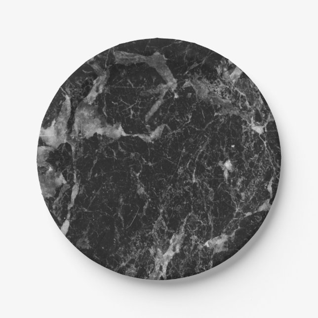 Assiettes En Carton Noir blanc et marbre d'argent Glam moderne (Devant)
