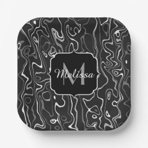 Assiettes En Carton Noir blanc gris damas tourbillons abstraits Monogr