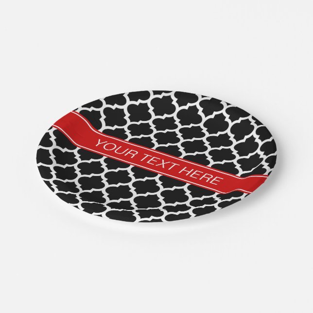 Assiettes En Carton Noir Blanc Marocain #5 Nom Rouge Monogramme (Angle)