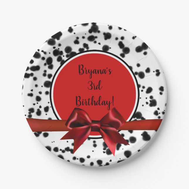 Assiettes En Carton Noir Blanc Rouge Bow Dalmatie Spots Anniversaire (Devant)