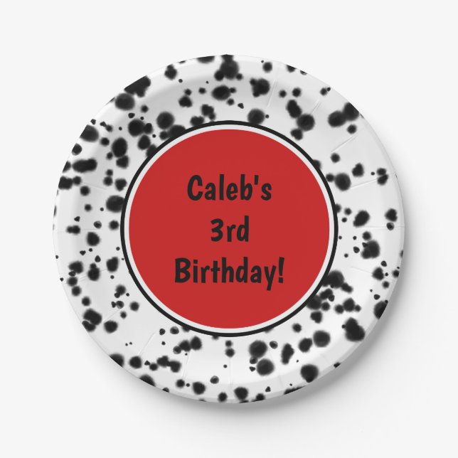 Assiettes En Carton Noir Blanc Rouge Dalmatien Spots Anniversaire (Devant)