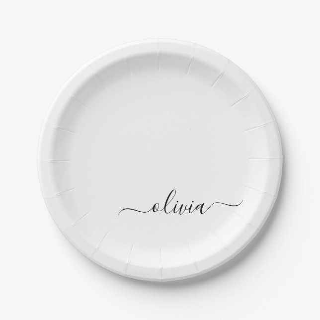 Assiettes En Carton Noir Blanc Script Monogramme Nom Moderne (Devant)
