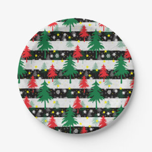Assiettes En Carton Noir Blanc Stripes Neiges Rouge Vert Arbres