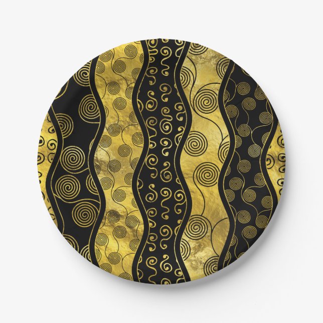 Assiettes En Carton Noir de luxe et motif africain d'or (Devant)
