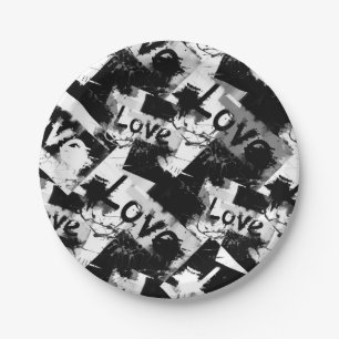 Assiettes En Carton Noir et blanc avec des taches motif d'amour