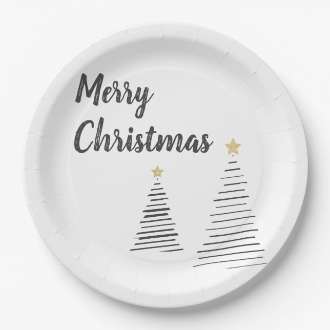 Assiettes En Carton Noir et blanc Élégant Joyeux Arbres de Noël (Devant)