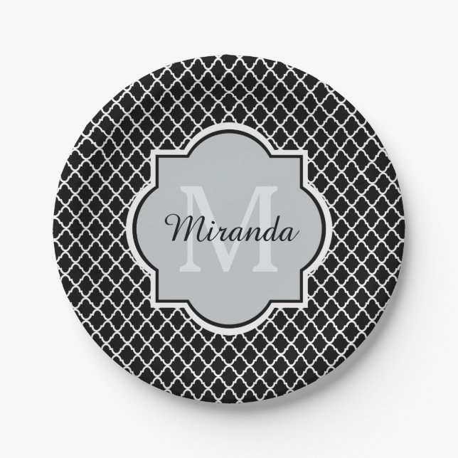 Assiettes En Carton Noir et blanc moderne Quatrefoil Nom monogramme (Devant)