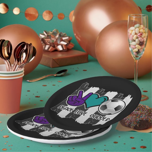 Assiettes En Carton Noir et blanc Striped Peace Love Soccer (Multi)