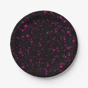 Assiettes En Carton Noir et rose vif pailleté scintillant étoiles