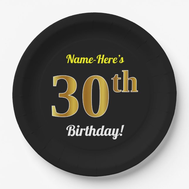 Assiettes En Carton Noir, Faux Gold 30e anniversaire + Nom personnalis (Devant)