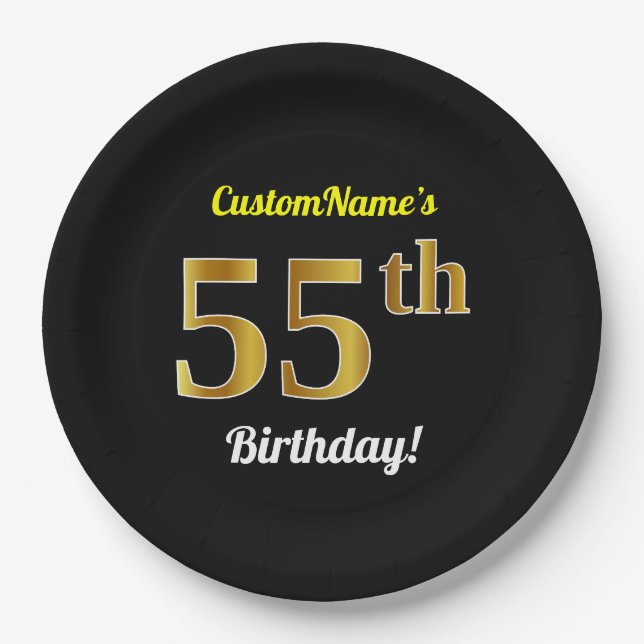 Assiettes En Carton Noir, Faux Gold 55e anniversaire + Nom personnalis (Devant)