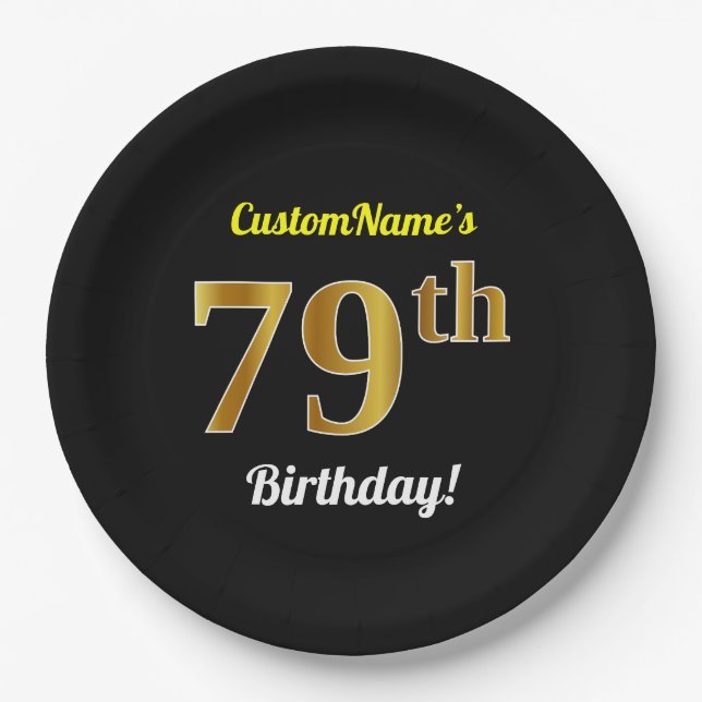 Assiettes En Carton Noir, Faux Or 79e anniversaire + Nom personnalisé (Devant)