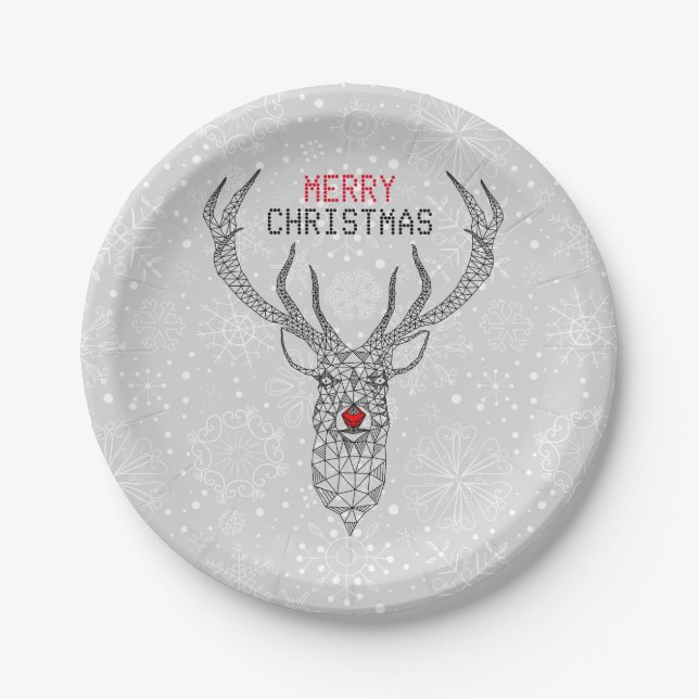 Assiettes En Carton Noir moderne géométrique Cerf de Noël (Devant)