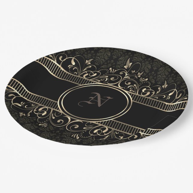 Assiettes En Carton Noir & Or Ornate Gothique Monogramme (Angle)