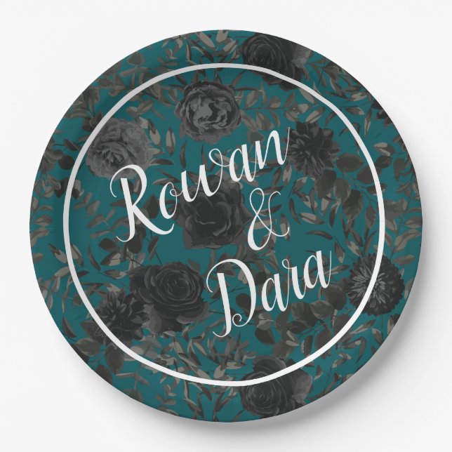 Assiettes En Carton Noir Turquoise Rose gothique Elégant Mariage (Devant)