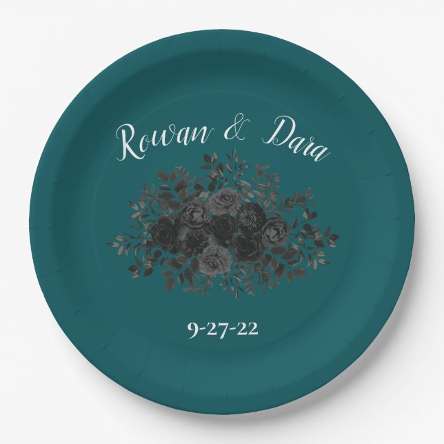 Assiettes En Carton Noir Turquoise Rose gothique Elégant Mariage (Devant)