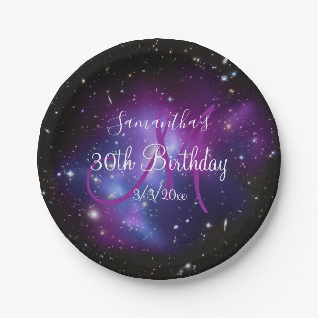 Assiettes En Carton Noir violet et blanc Galaxie Céleste Anniversaire (Devant)