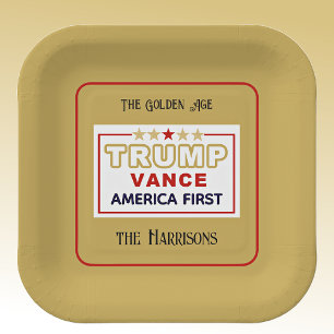 Assiettes En Carton Nom, 2025 Trump-Vance America First, 7 en Carré