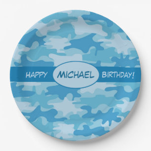 Assiettes En Carton Nom bleu de joyeux anniversaire de camouflage