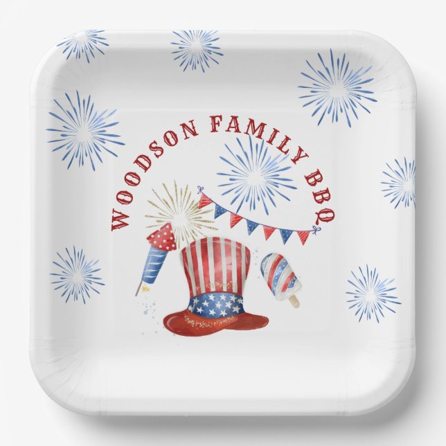 Assiettes En Carton Nom de famille 4 juillet Family BBQ (Recto)