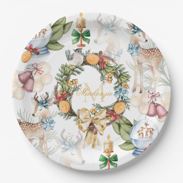 Assiettes En Carton Nom de famille de Noël de l'aquarelle (Devant)